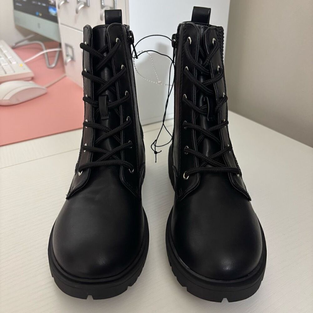 DKNY Black Faux Leather Crystal Side Zip Combat Boots Youth Girls Size 3 New - Picture 6 of 11